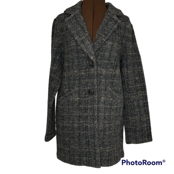 Plaid Grey Wool Blend Coat - Picture 5 of 8